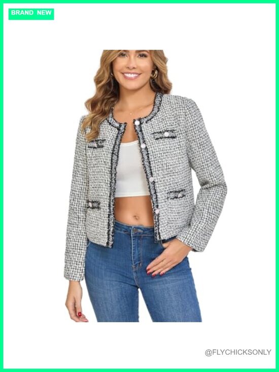Jackets & Blazers - Cropped Tweed Blazer Long Sleeve Crewneck Open Front Lace Trim Lightweight